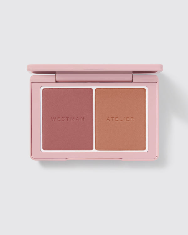 Powder Duos palette open showing the Suede / Sable shades.