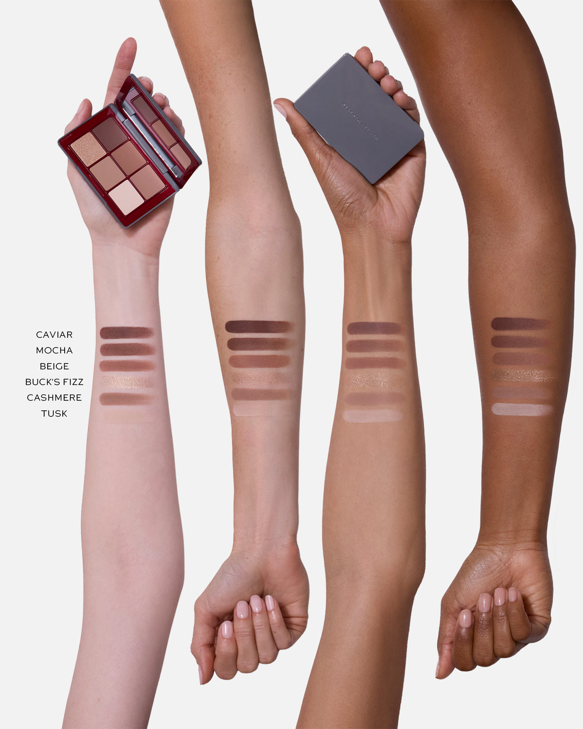 Swatches of eye shadow shades on arms